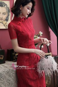 Sườn Xám Thượng Hải Cổ Điển Đỏ Ren Lá Liễu Xẻ Tà