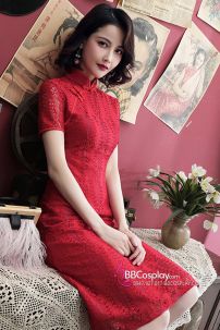 Sườn Xám Thượng Hải Cổ Điển Đỏ Ren Lá Liễu Xẻ Tà