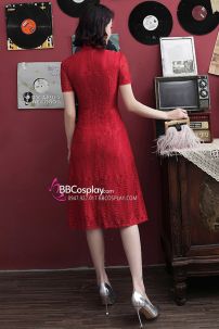 Sườn Xám Thượng Hải Cổ Điển Đỏ Ren Lá Liễu Xẻ Tà