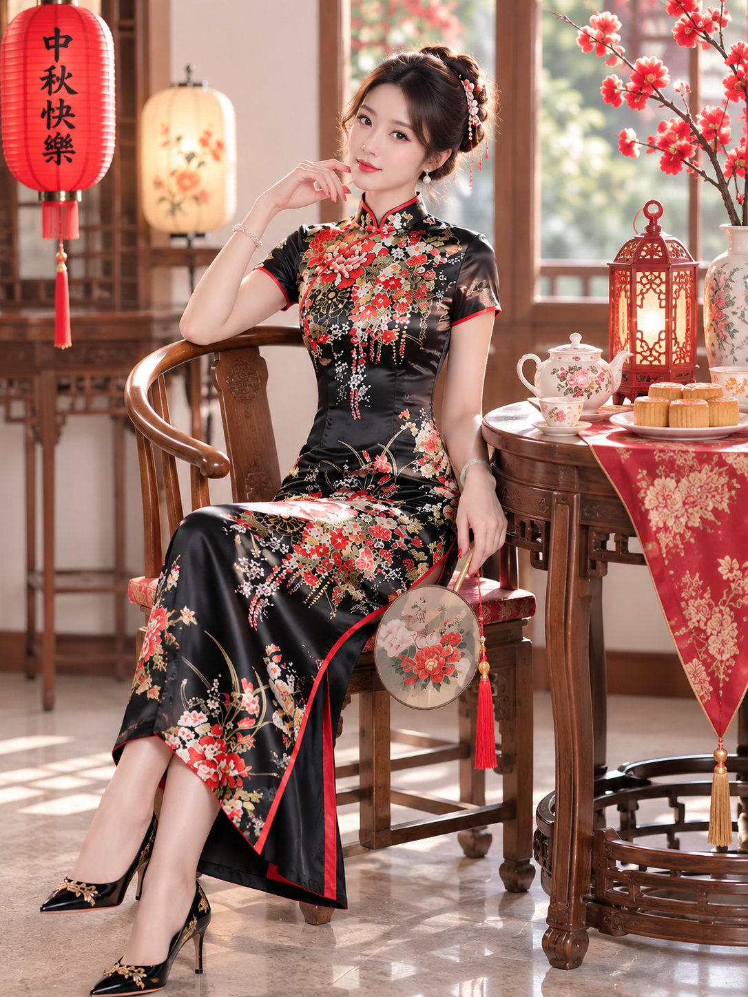 Sườn Xám Thượng Hải Đen Dài