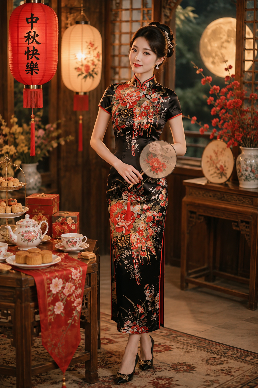 Sườn Xám Thượng Hải Đen Dài