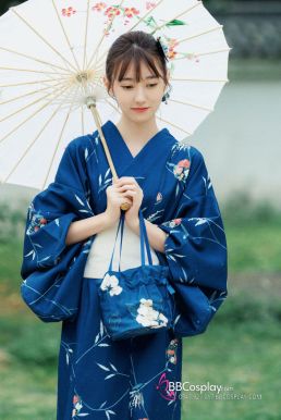 Yukata Xanh Dương Nền Lá Liễu