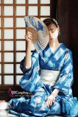 Yukata Xanh Dương Nền Lá Liễu