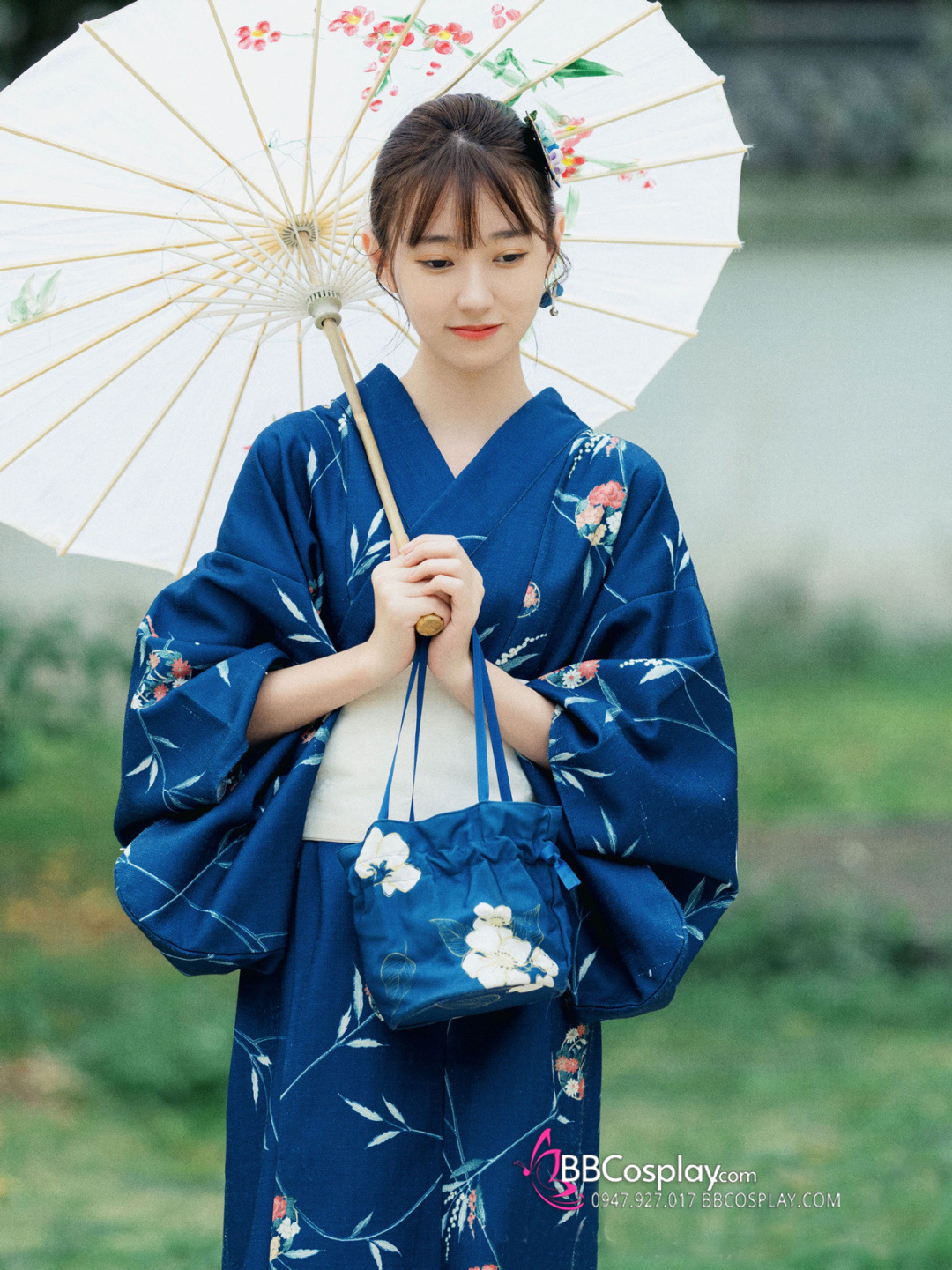 Yukata Xanh Dương Nền Lá Liễu