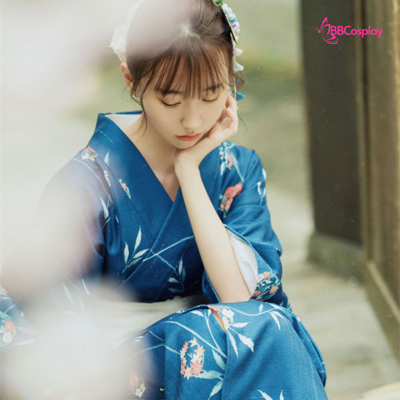Yukata Xanh Dương Nền Lá Liễu
