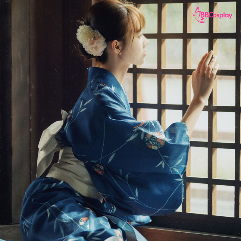 Yukata Xanh Dương Nền Lá Liễu