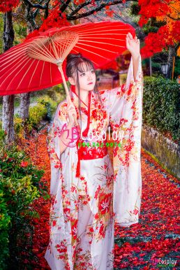 Kimono Phi Trắng Hoa Đỏ