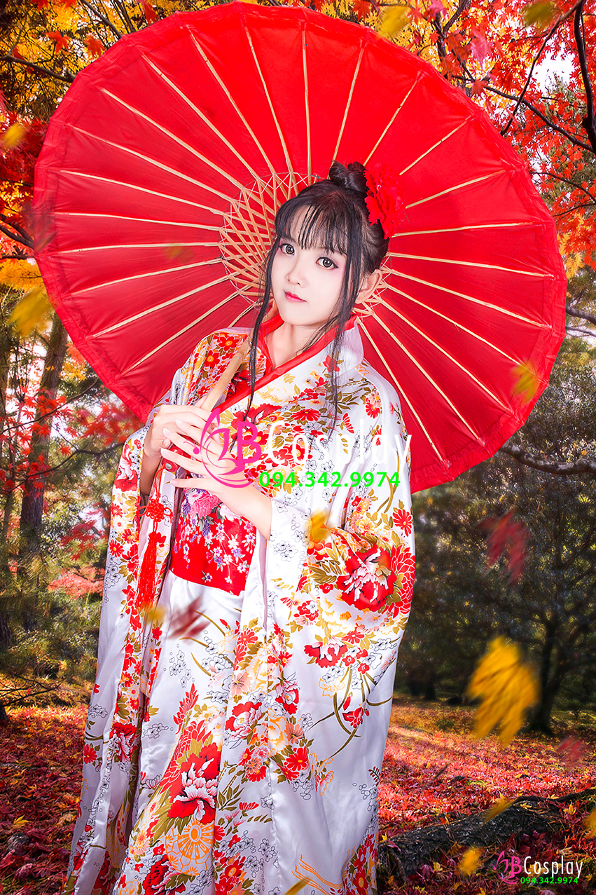 Kimono Phi Trắng Hoa Đỏ