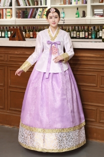 Hanbok Hàn Quốc Gấm Áo Trắng Váy Gấm Tím 45