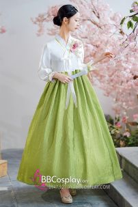 Hanbok Hàn Quốc Áo Trắng Váy Xanh Siêu Xinh Xắn