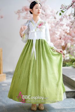 Hanbok Hàn Quốc Áo Trắng Váy Xanh Siêu Xinh Xắn