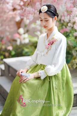 Hanbok Hàn Quốc Áo Trắng Váy Xanh Siêu Xinh Xắn