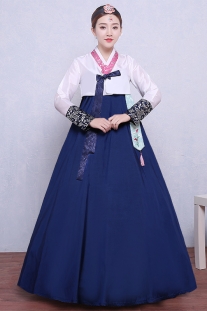 Hanbok Hàn Quốc Truyền Thống Áo Trắng Váy Xanh Có Tua Rua