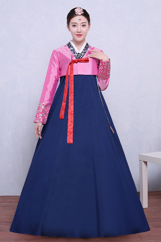 Hanbok Hàn Quốc In Họa Tiết Bạc Áo Hồng Váy Xanh Tay Áo