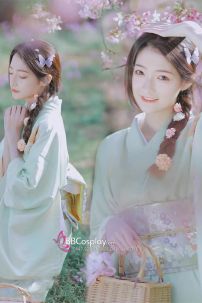 Áo Yukata Kimono Xanh Pastel Tặng Kèm Thắt Lưng