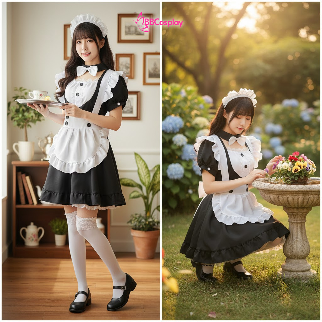 Trang Phục Maid Đen Dễ Thương Cổ Tim