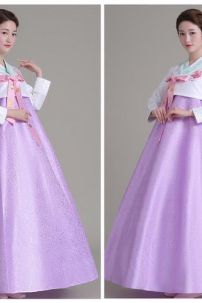 Hanbok Hàn Quốc Áo Trắng Thêu Hoa Váy Tím Gấm Nhạt