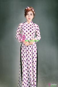 Áo Dài Cô Ba Sài Gòn Trắng Chấm Bi Tím