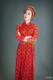 Áo Dài Cô Ba Sài Gòn Đỏ Cam Chấm Bi