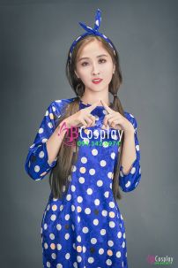 Áo Dài Cô Ba Sài Gòn Xanh Chấm Bi Cổ Tròn