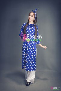 Áo Dài Cô Ba Sài Gòn Xanh Chấm Bi Cổ Tròn