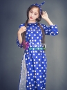 Áo Dài Cô Ba Sài Gòn Xanh Chấm Bi Cổ Tròn