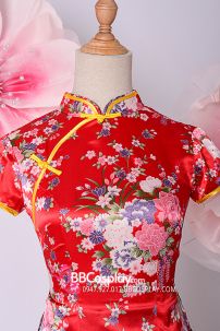 Sườn Xám Đỏ Xẻ 2 Bên Mặc Với Váy