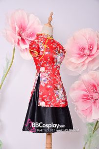 Sườn Xám Đỏ Xẻ 2 Bên Mặc Với Váy