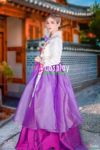 Hanbok Hàn Quốc Trắng Thêu Hoa Váy Tím Voan