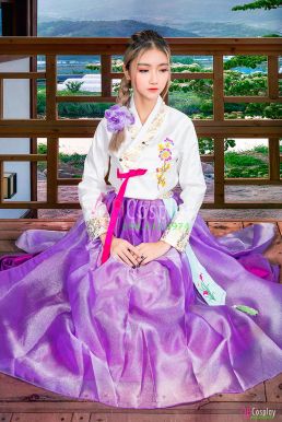 Hanbok Hàn Quốc Trắng Thêu Hoa Váy Tím Voan