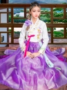 Hanbok Hàn Quốc Trắng Thêu Hoa Váy Tím Voan