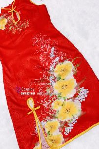 Sườn Xám Gấm Đỏ Hoa Không Tay Size L