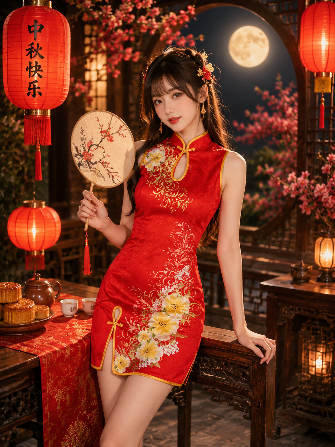 Sườn Xám Gấm Đỏ Hoa Không Tay Size L