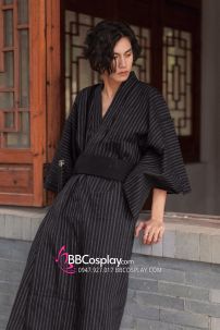 Yukata Nhật Đen Sọc Cơ Bản