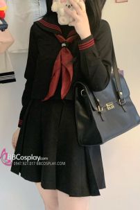 Đồng Phục Nữ Sinh Áo Đen Tay Dài Sọc Đỏ Kèm Khăn Quàng Đỏ