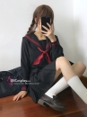 Đồng Phục Nữ Sinh Áo Đen Sọc Đỏ Tay Dài - Kèm Khăn Quàng Đỏ
