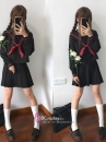 Đồng Phục Nữ Sinh Áo Đen Sọc Đỏ Tay Dài - Kèm Khăn Quàng Đỏ