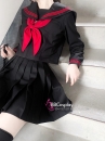 Đồng Phục Nữ Sinh Áo Đen Sọc Đỏ Tay Dài - Kèm Khăn Quàng Đỏ