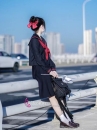 Đồng Phục Nữ Sinh Áo Đen Sọc Đỏ Tay Dài - Kèm Khăn Quàng Đỏ
