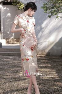 Sườn Xám Xuân Hạ Dáng Dài Xẻ Tà