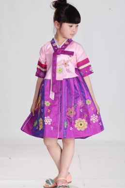 Hanbok Trẻ Em Cách Tân Mẫu Váy Ngắn Áo Tím Váy Tím