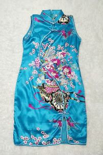 Sườn Xám Xanh Phi Ngắn Cổ Tàu Không Tay Size L