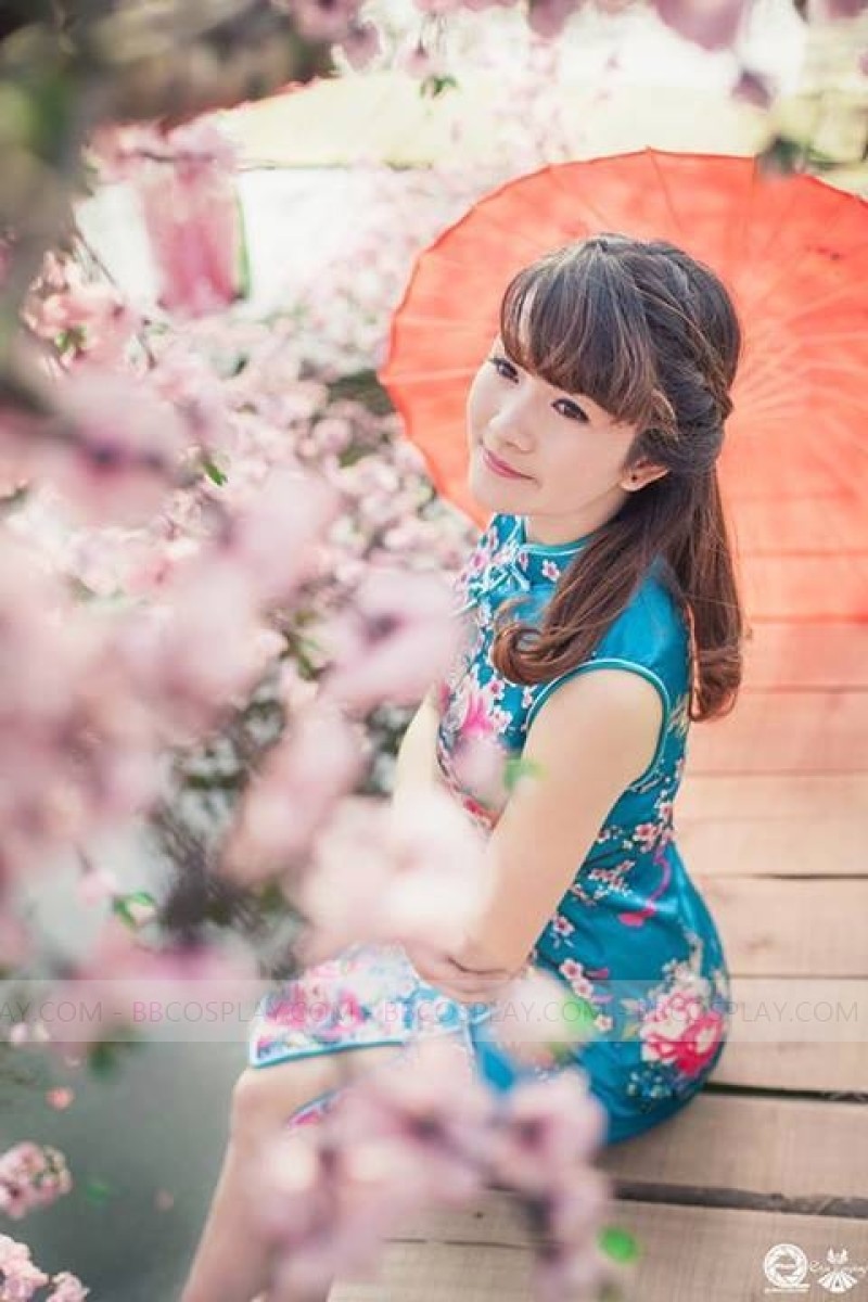 Sườn Xám Xanh Phi Ngắn Cổ Tàu Không Tay 