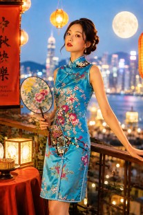 Sườn Xám Xanh Phi Ngắn Cổ Tàu Không Tay Size L