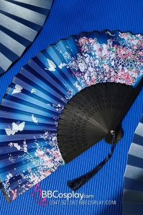 Quạt Vải Nhật Bản Uchiwa Nền Xanh Dương Gỗ Đen Bách Hoa Và Bướm