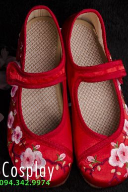 Giày Cổ Trang Trẻ Em Đỏ Thêu Hoa Đào Size 32