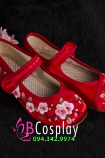Giày Cổ Trang Trẻ Em Đỏ Thêu Hoa Đào