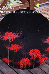 Dù Vải Cổ Trang Đen Hoa Bỉ Ngạn Đỏ