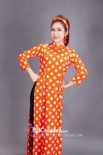 Áo Dài Cô Ba Sài Gòn Cam Chấm Bi