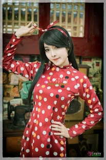 Áo Dài Cô Ba Sài Gòn Đỏ Chấm Bi